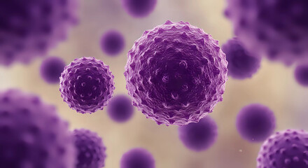 Close up of purple human papillomavirus (hpv) cells or bacteria in microscopic view