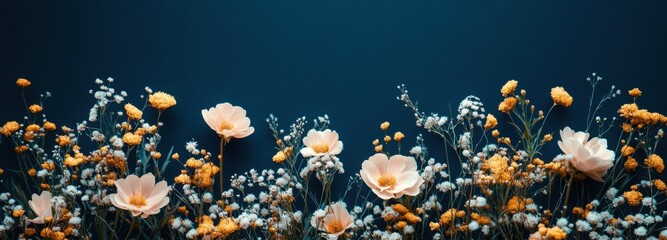 A stunning collection of blooming flowers fills the scene, featuring delicate petals of various colors. The vibrant arrangement stands out against a rich blue background, creating a serene atmosphere