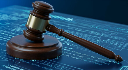 Dark Brown Wooden Gavel on Digital Contract Document