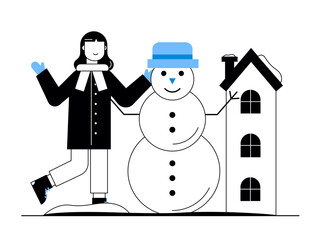 Woman making a snowman during the winter season. Snowy day illustration. Winter fun activity. Flat vector illustration.