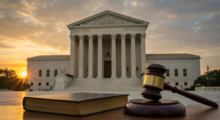 Supreme Court Building at Sunrise with Gavel and Law Book