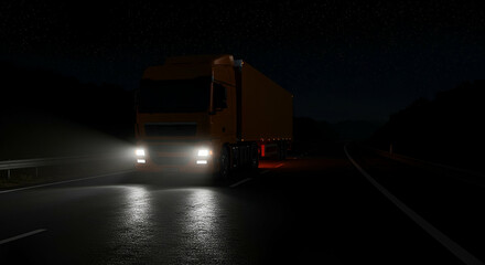 Orange Semi Truck Driving on a Wet Highway at Night