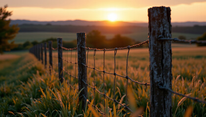 Sunset glowing over countryside fence with rustic wooden posts and wire mesh in peaceful rural field landscape