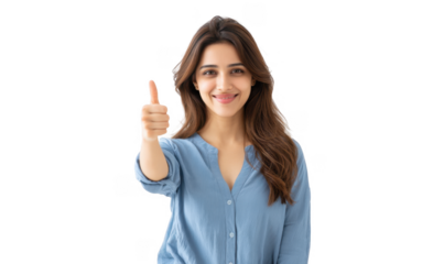A young woman in a light blue shirt smiling and giving a thumbs-up gesture. standing against a plain white background. conveying positivity and encouragement for various inspirational contexts