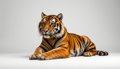 Obraz premium Majestic tiger with orange and black stripes lies calmly on white background, showing its powerful and graceful presence