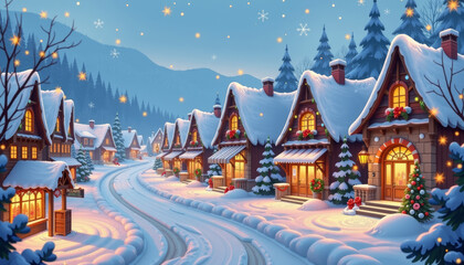 Whimsical winter village with snow covered houses, decorated trees, glowing windows, and peaceful snowy road at dusk