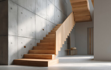 Modern Wooden Staircase in Minimalist Interior with Concrete Wall