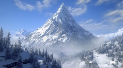 Majestic snow-capped mountain peak, surrounded by a misty valley and evergreen trees under a bright blue sky.