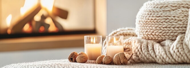 Cozy living room with warm fireplace, soft wool blanket, and calming candles for a relaxing atmosphere