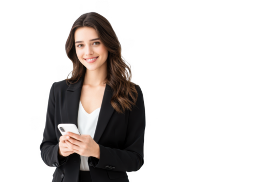 A professional young woman in a black blazer holds a smartphone while smiling. standing against a minimalistic white background. conveying confidence and approachability in a business setting