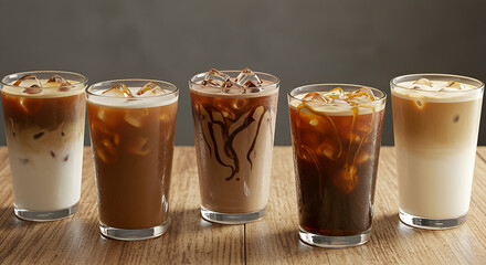 Five Iced Coffee Drinks on Wooden Table