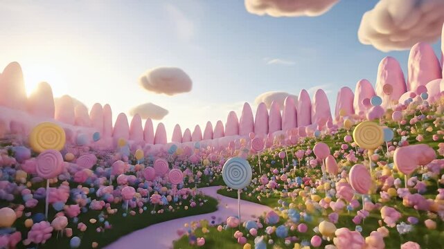 Imaginative candy land scene pastel colored landscape colorful design for illustration