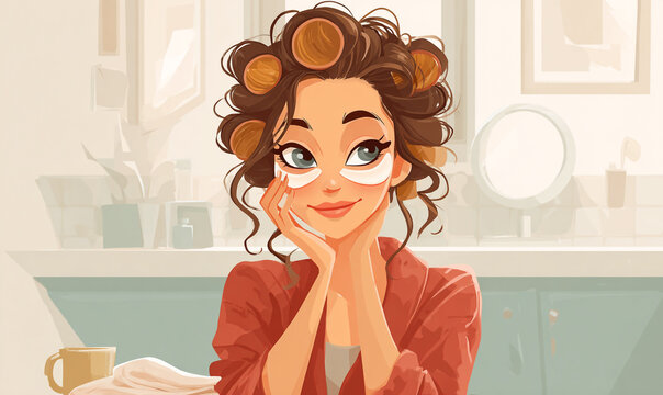 Illustration of a woman with hair rollers and eye patches in a bright setting