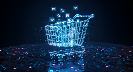 Glowing Blue Digital Shopping Cart Icon on Dark Background