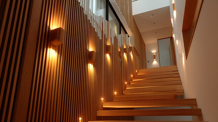 Obraz premium Modern Wooden Staircase and Wall in Contemporary Home Interior