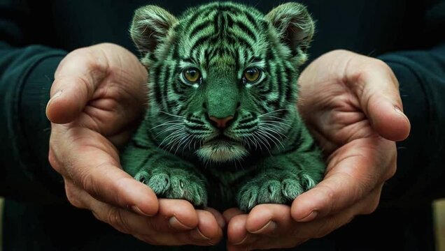 a deep emerald green tiger cub sitting in the palm of human hands facing forward