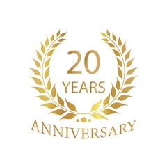 Golden anniversary Laurel Wreath Badge – Vector Icon for Milestone, Celebration and Award Design of 20years.