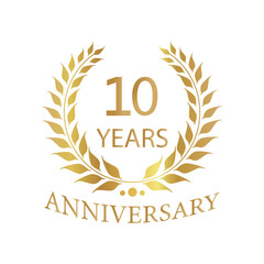 Golden anniversary Laurel Wreath Badge – Vector Icon for Milestone, Celebration and Award Design of 10years.