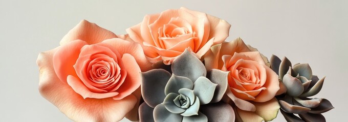 Bouquet of roses and succulents in peach and pink, white background, banner for website, 