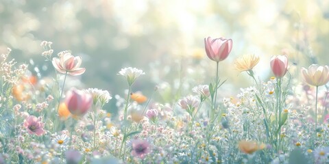 Beautiful spring meadow with colorful wild flowers, such as tulips, daisies, and cosmos, 
