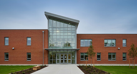 Modern Brick School Building Exterior with Glass Entrance