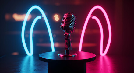Retro Microphone with Pink and Blue Neon Lights on Dark Stage