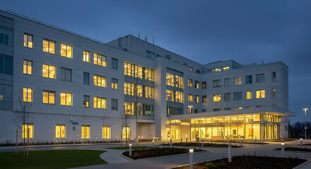 Modern Hospital Building Exterior at Night