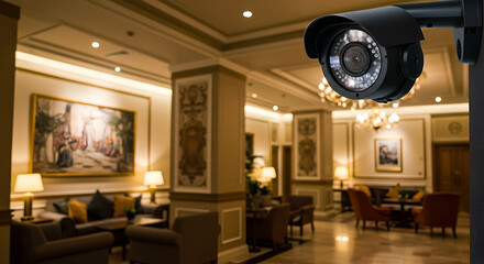 Security Camera in Elegant Hotel Lobby at Night