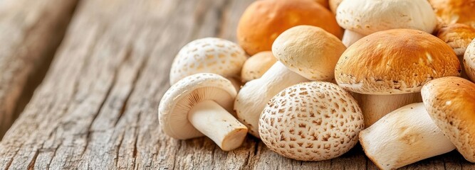 Close-up view of various mushrooms resting on a rustic wooden surface in natural light