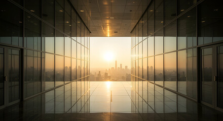 Sunrise Cityscape Viewed Through Modern Glass Building