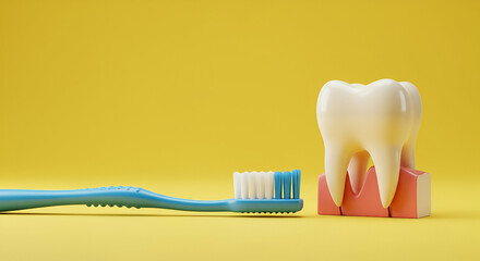 Blue Toothbrush and Healthy White Tooth Model on Yellow Background