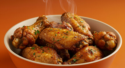 Closeup of Steaming Spicy Chicken Wings in Orange Bowl