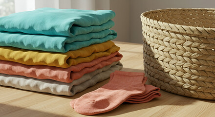 Neat Stack of Folded Pastel Clothes and Wicker Basket on Wooden Surface