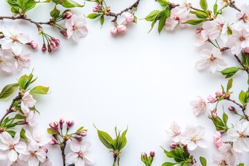 Sakura frame border on white background, pink and green flowers, white background, white space in the center of picture, realistic, high resolution, high definition 