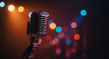 Vintage Microphone on Stage with Colorful Bokeh Lights