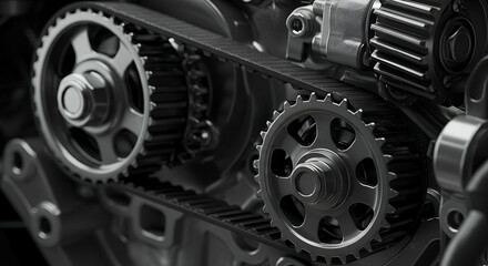 Close-up of Grey Metal Gears and Engine Belt System