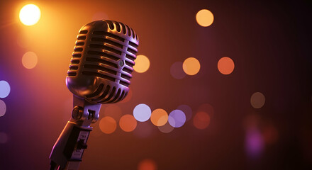 Vintage Microphone on Stage with Warm Lighting