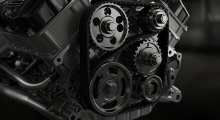 Closeup of a Black Automotive Engine with Shiny Metal Components