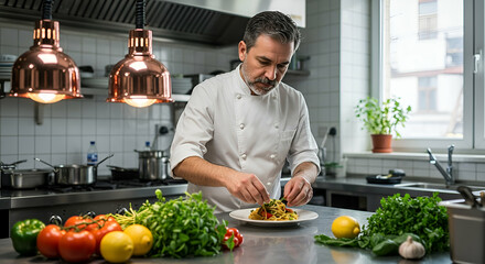 Male Chef Preparing a Dish in a Restaurant Kitchen