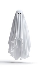 Fototapeta premium A white sheet ghost with two eye holes on a white background in studio shot
