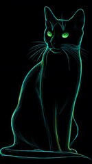 Glowing cat art with green eyes and outline on a black background image