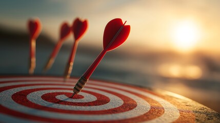 Fototapeta premium Close up red dart arrow hitting target center dartboard on sunset background. Business targeting and focus concept