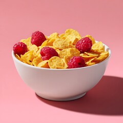 A bowl of cereal with raspberries and strawberries for breakfast