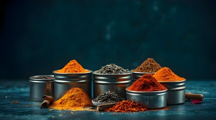 Dramatic cinematic style image of colorful spices in metal tins on a dark background, using warm terracotta and cool teal colors, creating an earthy and cool contrast with film-like composition