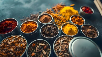 Long exposure photography of colorful spices in metal tins on a dark background, viewed from above, showcasing a soft cinematic haze, top-down perspective, soft focus, and hazy background with capture