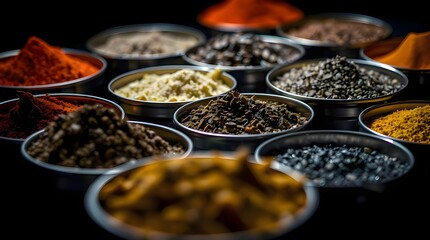 Close-up shot of colorful spices in metal tins on a dark background, using contrasting chiaroscuro lighting to highlight detailed focus and strong contrasts with deep shadows 