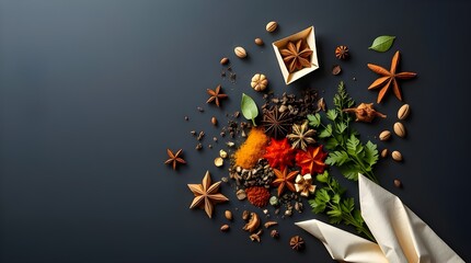 A low-angle, intricate origami-style flatlay of Colorful Spices and Herbs on a dark background, looking upward, with a dramatic folded paper aesthetic and geometric precision 