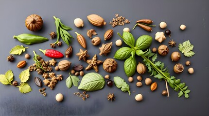An adorable and charming flatlay of Colorful Spices and Herbs on a dark background, cast in bronze with an antique patina finish 