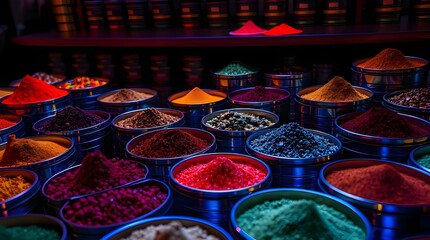 Precise architectural color photography of colorful spices in metal tins on a dark background, showcasing bioluminescent colors, natural light effects, vibrant glow, sharp lines, and detailed 