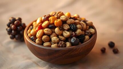 A wooden bowl overflowing with mixed nuts and dried fruit sits on a beige background.  Warm golden hour light bathes the scene in deep ultraviolet hues, creating vivid purples and high contrast.